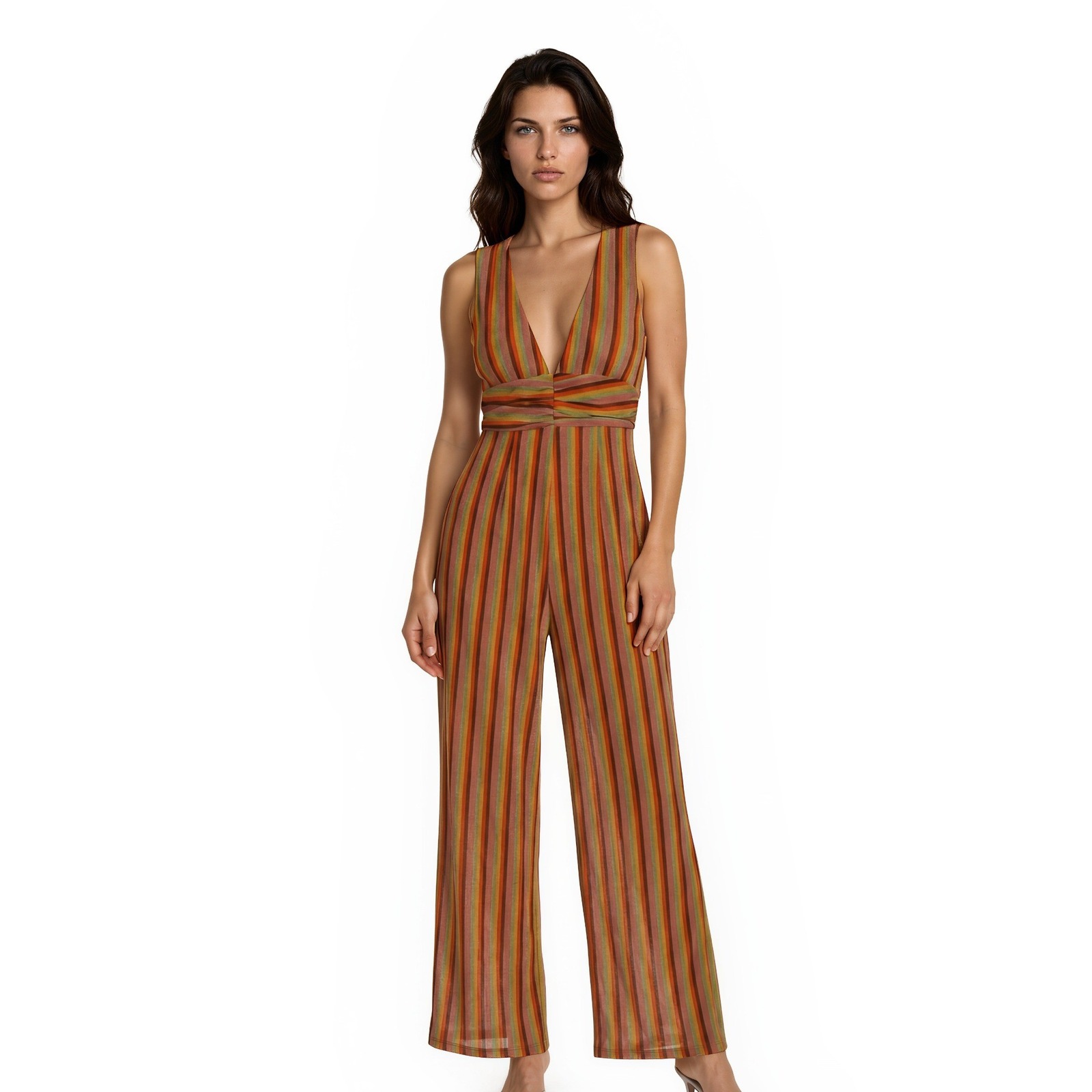 Blue Blush Jumpsuit Women's Size Medium Multicolor Striped V Neck Wide Leg Retro
